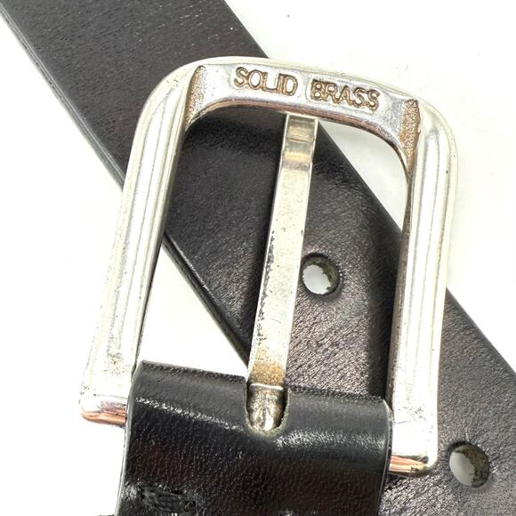 Eddie Bauer Black Italian Leather Belt 32 Silver Brass Buckle Center Ridge Italy - Picture 4 of 9